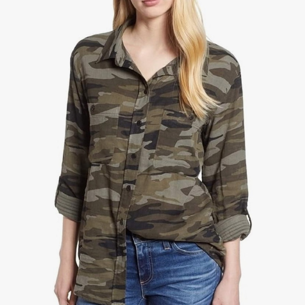 Sanctuary Clothing Camo Olive Army Green Boyfriend Button Down Shirt L